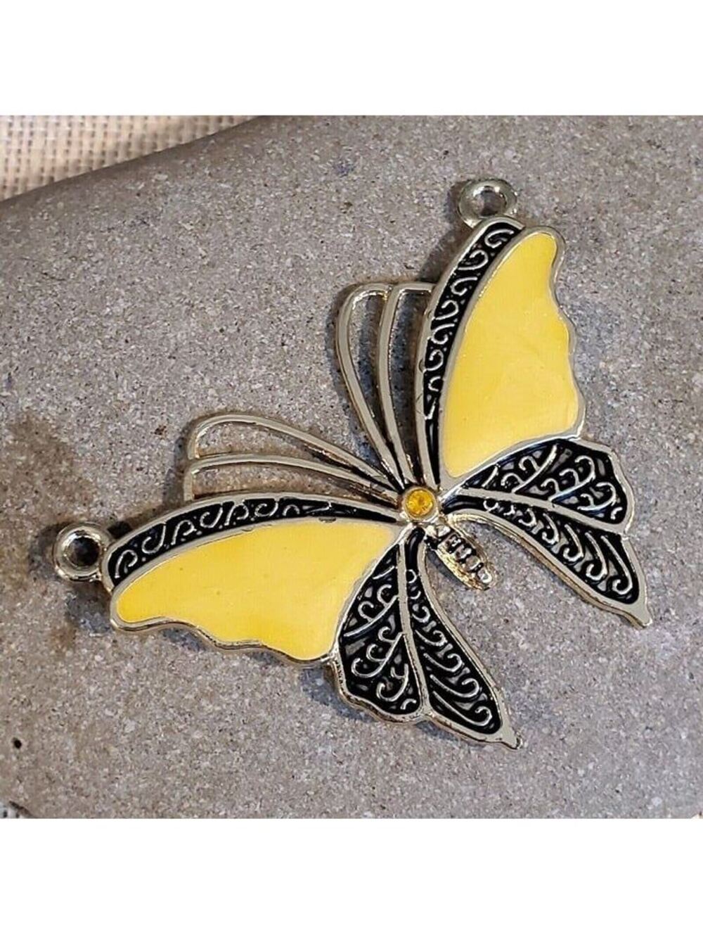 Vintage 90s Y2K Filigree Butterfly Yellow Enamel Antique Gold 2-Hole Pendant